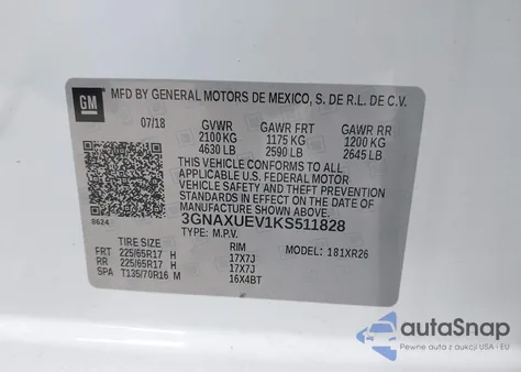 2019 Chevrolet Equinox Lt из США, поврежденный, VIN 3GNAXUEV1KS511828